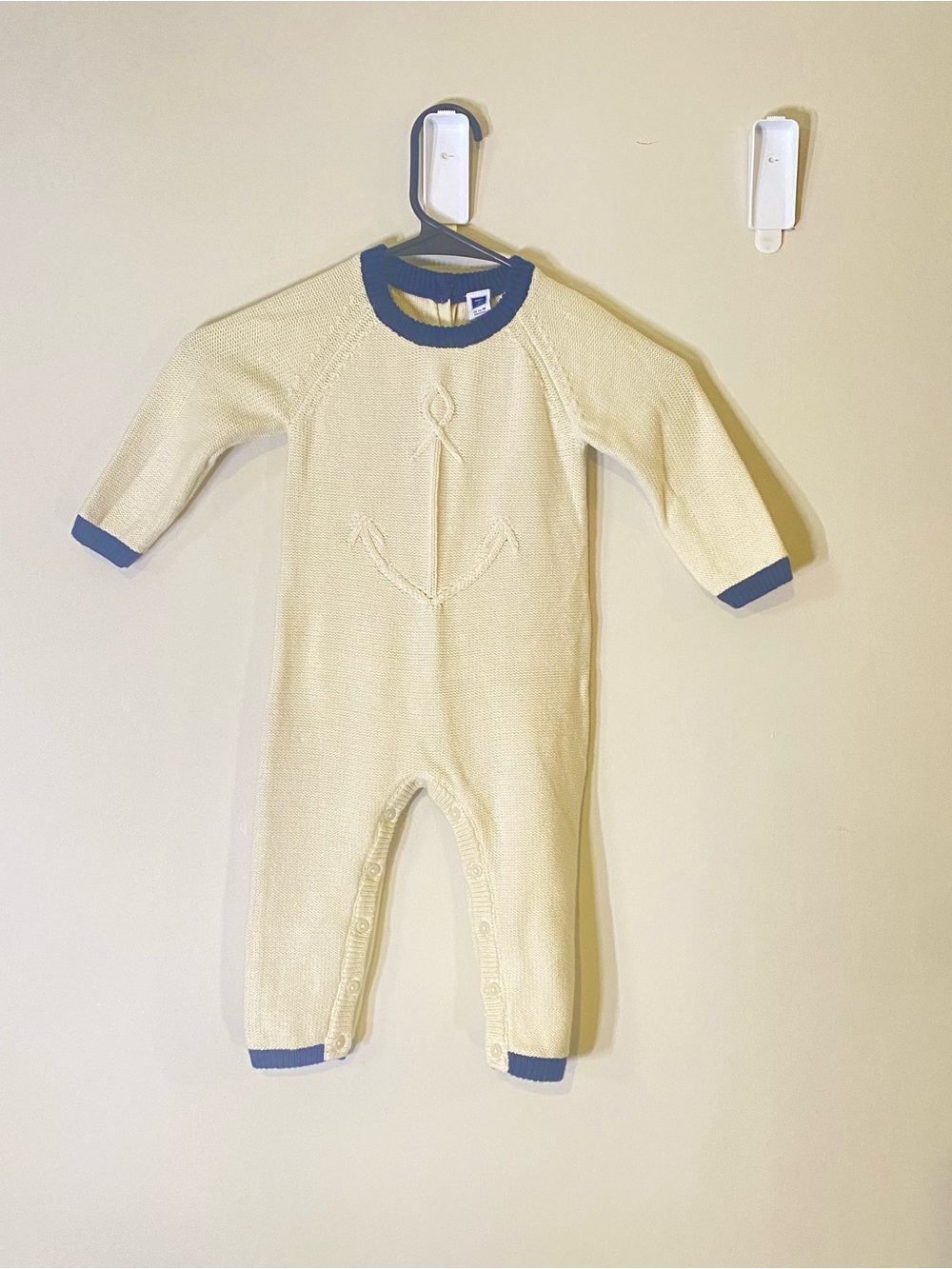 Janie and Jack Cream Knit Anchor Footie with Blue Trim
